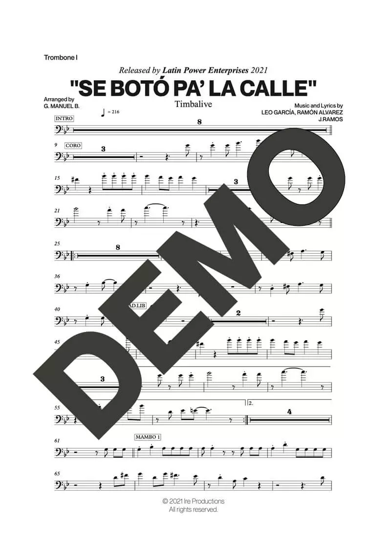 Timbalive – Se Botó Pa' la Calle – First Page of Sheet Music Preview (PDF) – Includes charts for Trumpets, Trombones, Saxophone, Piano and Bass
