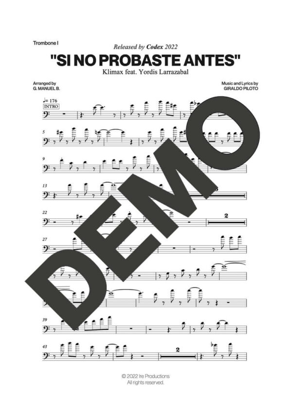 Klimax|Yordis Larrazábal – Si No Probaste Antes – Sheet Music Demo Page 2 (PDF) – Includes charts for Trumpets, Trombones, Saxophone, Piano and Bass