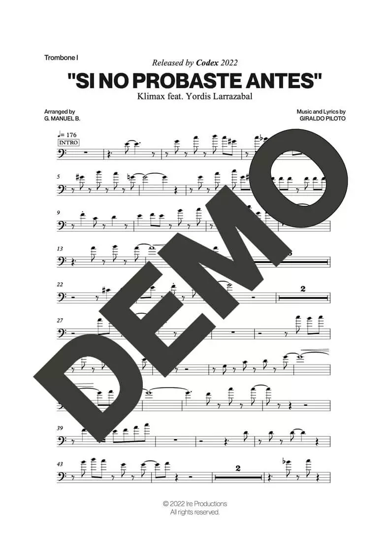 Klimax|Yordis Larrazábal – Si No Probaste Antes – Sheet Music Demo Page 2 (PDF) – Includes charts for Trumpets, Trombones, Saxophone, Piano and Bass
