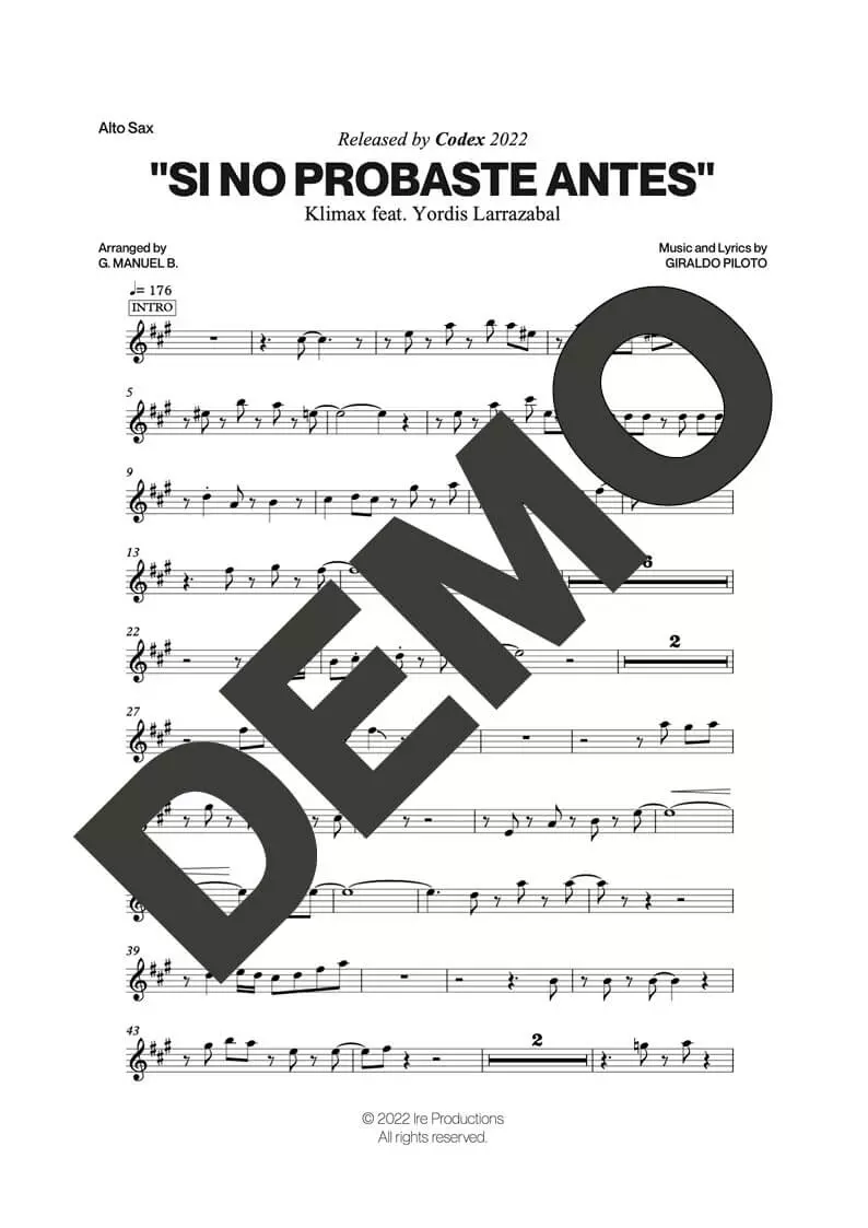 Klimax|Yordis Larrazábal – Si No Probaste Antes – Sheet Music Demo Page 3 (PDF) – Includes charts for Trumpets, Trombones, Saxophone, Piano and Bass