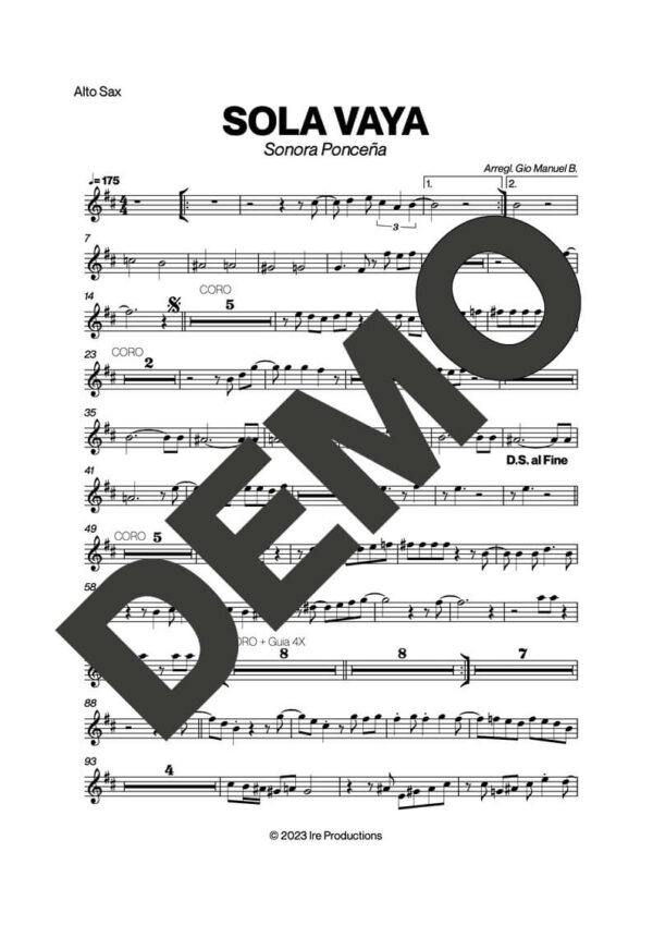Sonora Ponceña – Sola Vaya – First Page of Sheet Music Preview (PDF) – Includes charts for Trumpets, Trombones, Saxophone, Piano and Bass