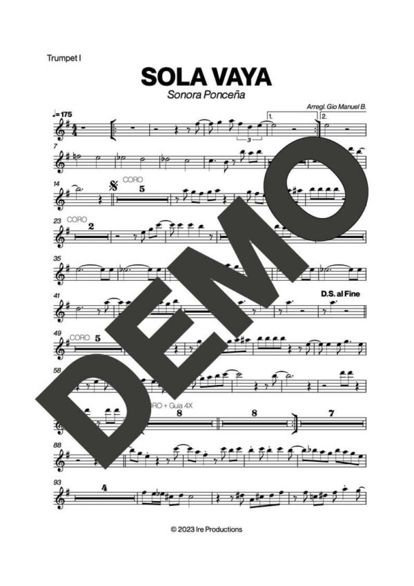 Sonora Ponceña – Sola Vaya – Sheet Music Demo Page 1 (PDF) – Includes charts for Trumpets, Trombones, Saxophone, Piano and Bass