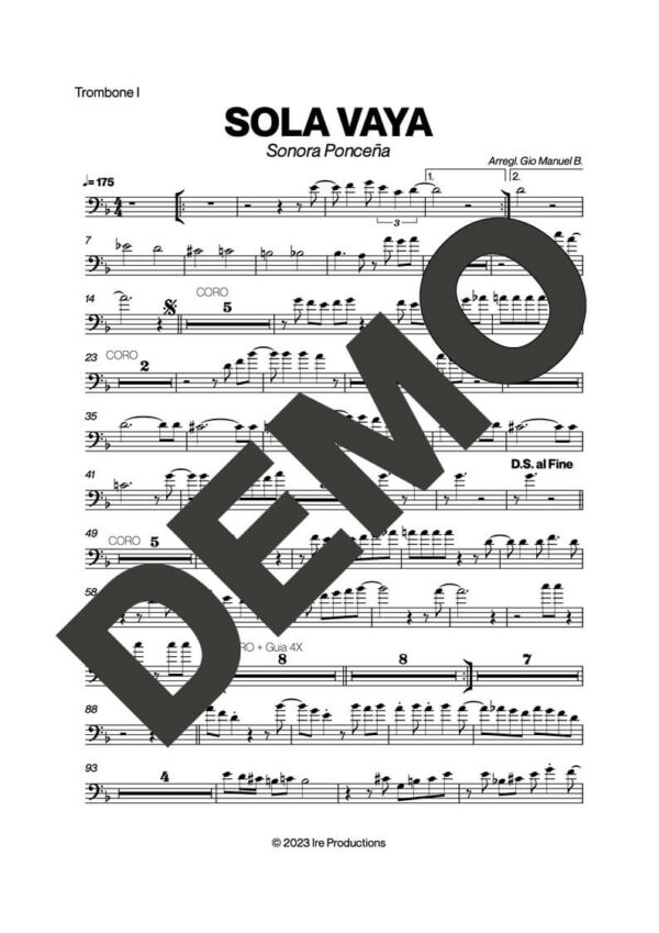 Sonora Ponceña – Sola Vaya – Sheet Music Demo Page 2 (PDF) – Includes charts for Trumpets, Trombones, Saxophone, Piano and Bass