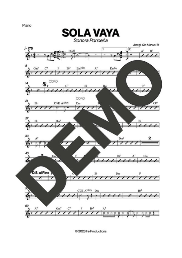 Sonora Ponceña – Sola Vaya – Sheet Music Demo Page 3 (PDF) – Includes charts for Trumpets, Trombones, Saxophone, Piano and Bass