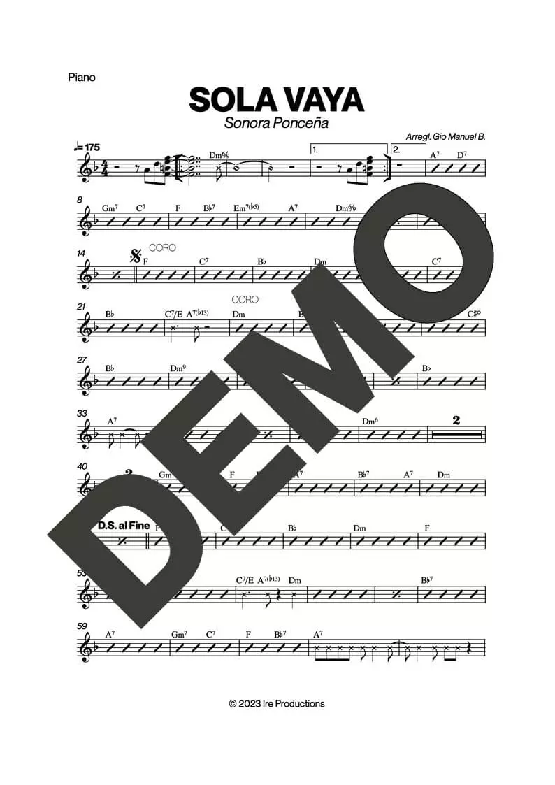 Sonora Ponceña – Sola Vaya – Sheet Music Demo Page 3 (PDF) – Includes charts for Trumpets, Trombones, Saxophone, Piano and Bass