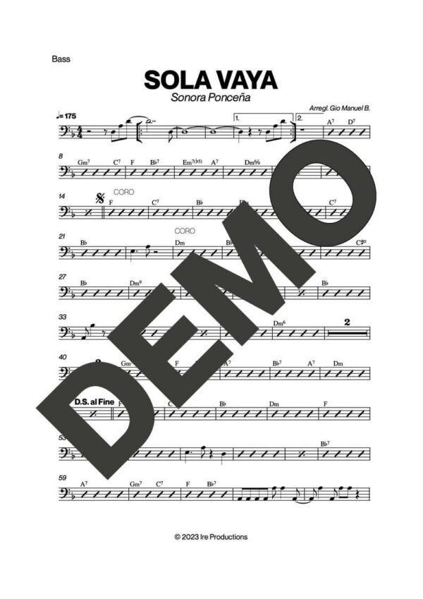 Sonora Ponceña – Sola Vaya – Sheet Music Demo Page 4 (PDF) – Includes charts for Trumpets, Trombones, Saxophone, Piano and Bass