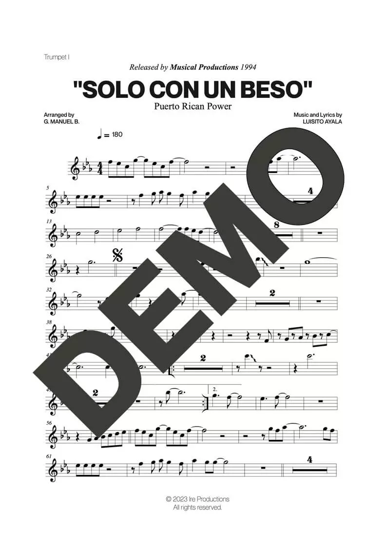 Puerto Rican Power – Solo Con un Beso – First Page of Sheet Music Preview (PDF) – Includes charts for Trumpets, Trombones, Saxophone, Piano and Bass