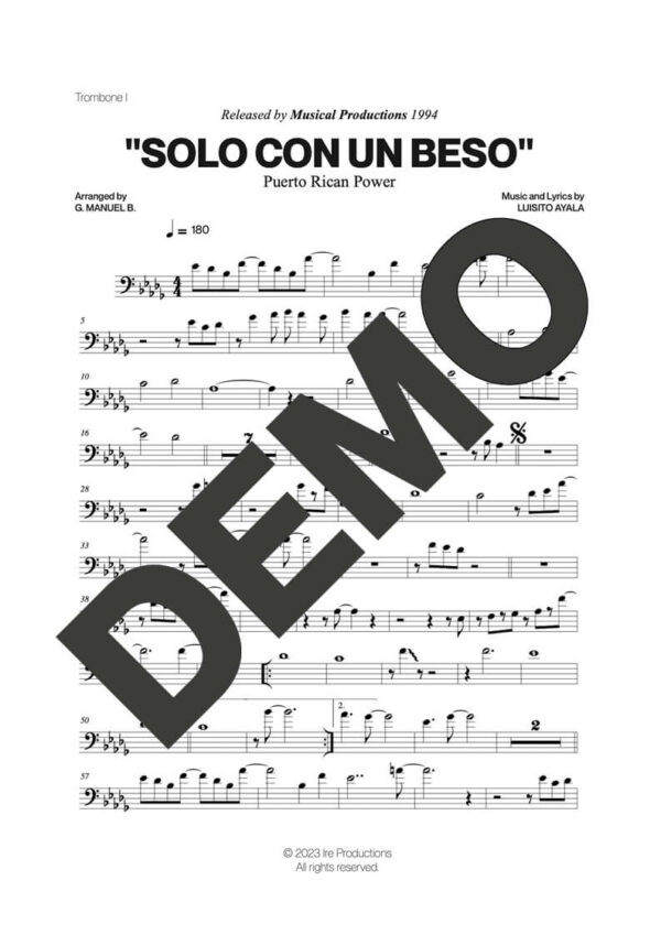 Puerto Rican Power – Solo Con un Beso – Sheet Music Demo Page 1 (PDF) – Includes charts for Trumpets, Trombones, Saxophone, Piano and Bass