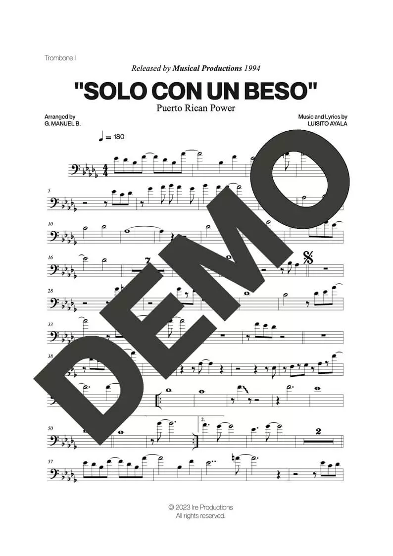 Puerto Rican Power – Solo Con un Beso – Sheet Music Demo Page 1 (PDF) – Includes charts for Trumpets, Trombones, Saxophone, Piano and Bass