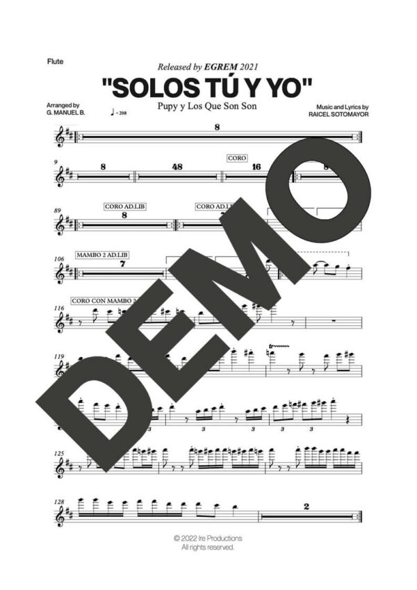 Pupy y Los Que Son Son – Solos Tú y Yo – First Page of Sheet Music Preview (PDF) – Includes charts for Trumpets, Trombones, Saxophone, Piano and Bass
