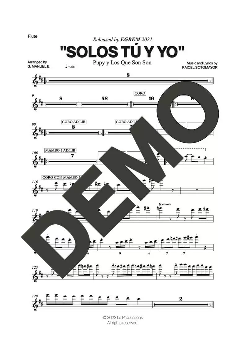 Pupy y Los Que Son Son – Solos Tú y Yo – First Page of Sheet Music Preview (PDF) – Includes charts for Trumpets, Trombones, Saxophone, Piano and Bass