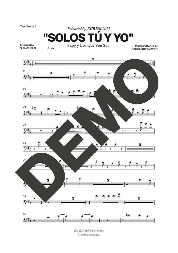Pupy y Los Que Son Son – Solos Tú y Yo – Sheet Music Demo Page 3 (PDF) – Includes charts for Trumpets, Trombones, Saxophone, Piano and Bass