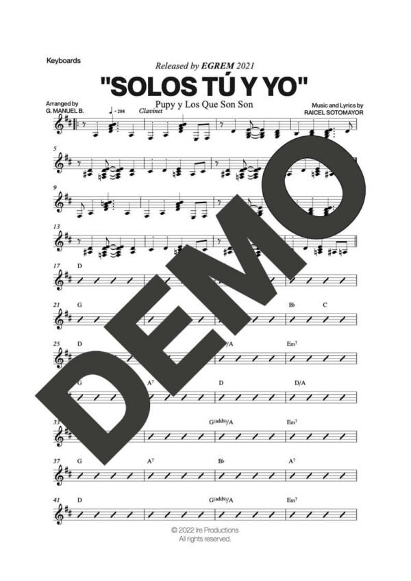 Pupy y Los Que Son Son – Solos Tú y Yo – Sheet Music Demo Page 5 (PDF) – Includes charts for Trumpets, Trombones, Saxophone, Piano and Bass