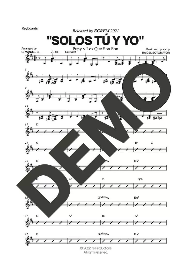 Pupy y Los Que Son Son – Solos Tú y Yo – Sheet Music Demo Page 5 (PDF) – Includes charts for Trumpets, Trombones, Saxophone, Piano and Bass
