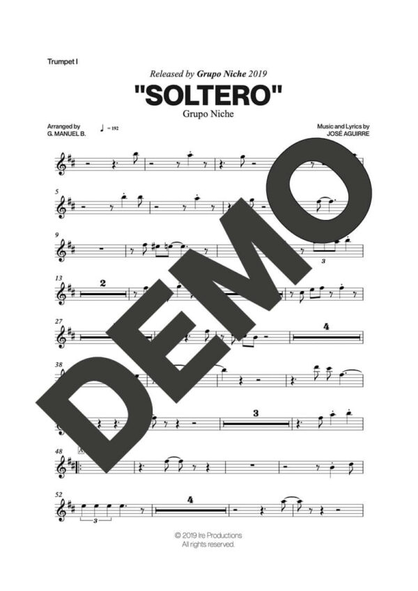 Grupo Niche – Soltero – Sheet Music Demo Page 3 (PDF) – Includes charts for Trumpets, Trombones, Saxophone, Piano and Bass