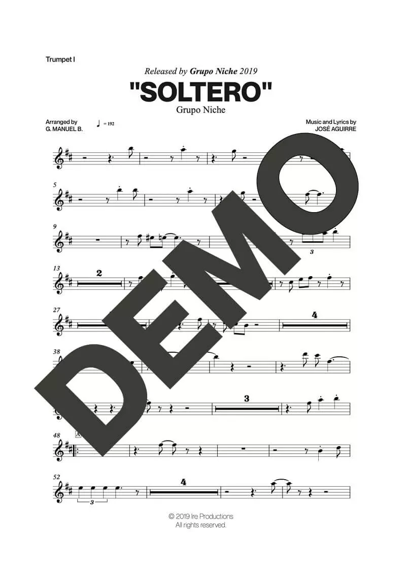 Grupo Niche – Soltero – Sheet Music Demo Page 3 (PDF) – Includes charts for Trumpets, Trombones, Saxophone, Piano and Bass