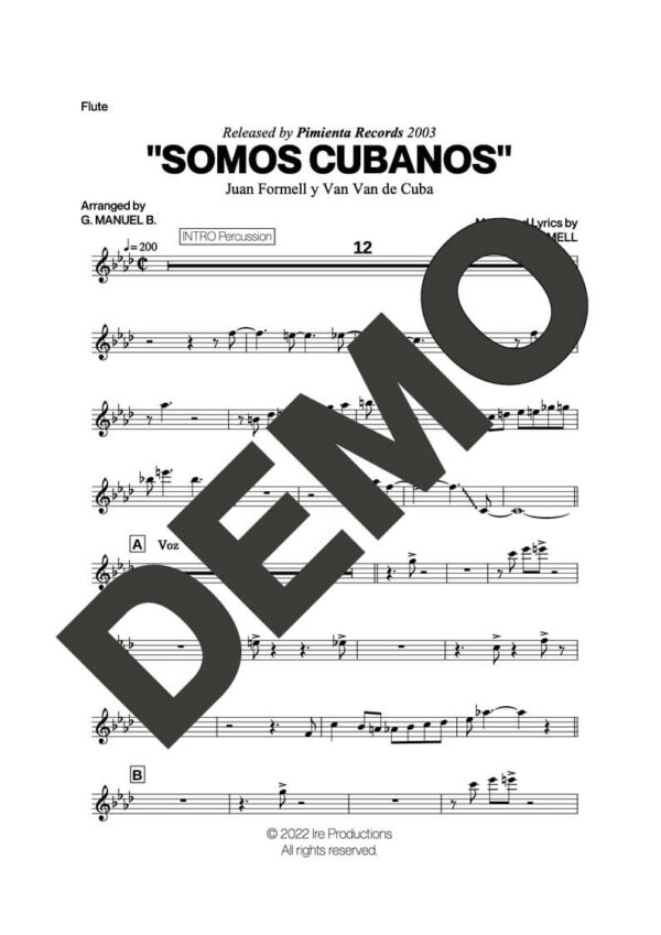 Los Van Van – Somos Cubanos – First Page of Sheet Music Preview (PDF) – Includes charts for Trumpets, Trombones, Saxophone, Piano and Bass