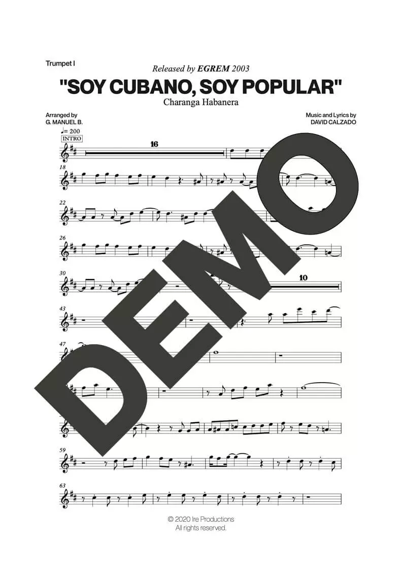 Charanga Habanera – Soy Cubano, Soy Popular – Sheet Music Demo Page 1 (PDF) – Includes charts for Trumpets, Trombones, Saxophone, Piano and Bass