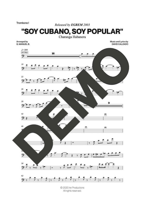 Charanga Habanera – Soy Cubano, Soy Popular – Sheet Music Demo Page 2 (PDF) – Includes charts for Trumpets, Trombones, Saxophone, Piano and Bass