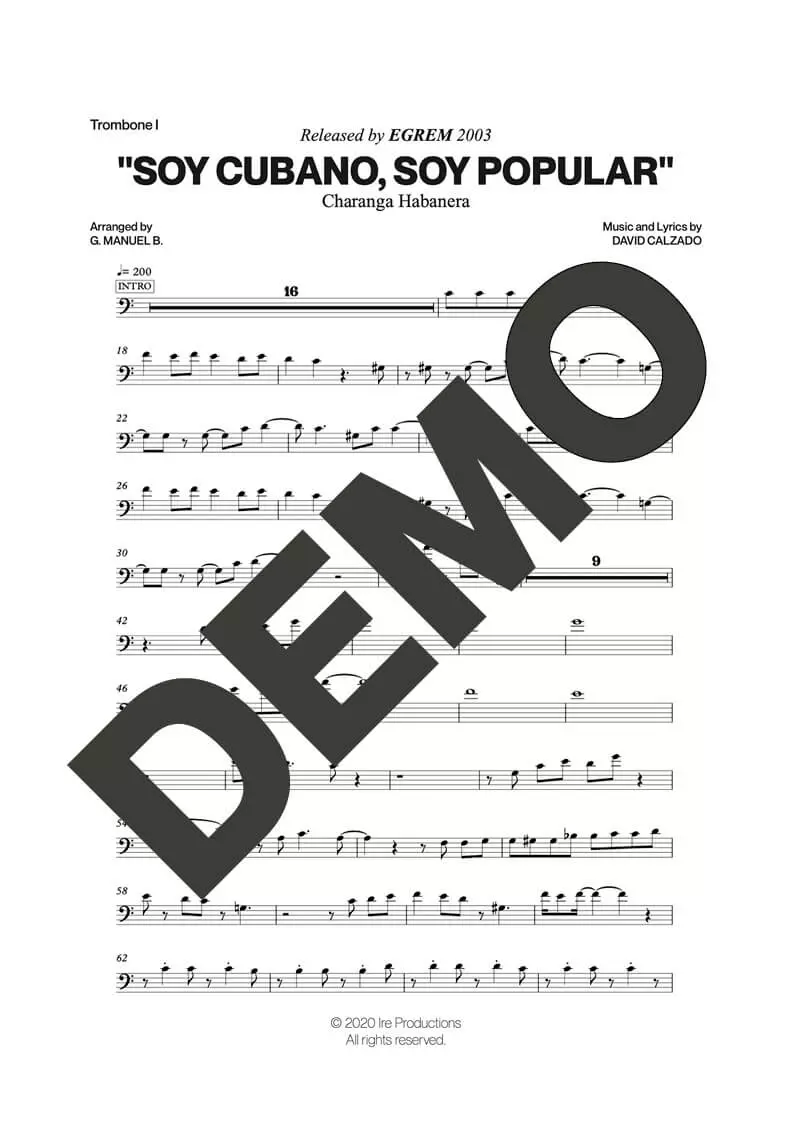 Charanga Habanera – Soy Cubano, Soy Popular – Sheet Music Demo Page 2 (PDF) – Includes charts for Trumpets, Trombones, Saxophone, Piano and Bass