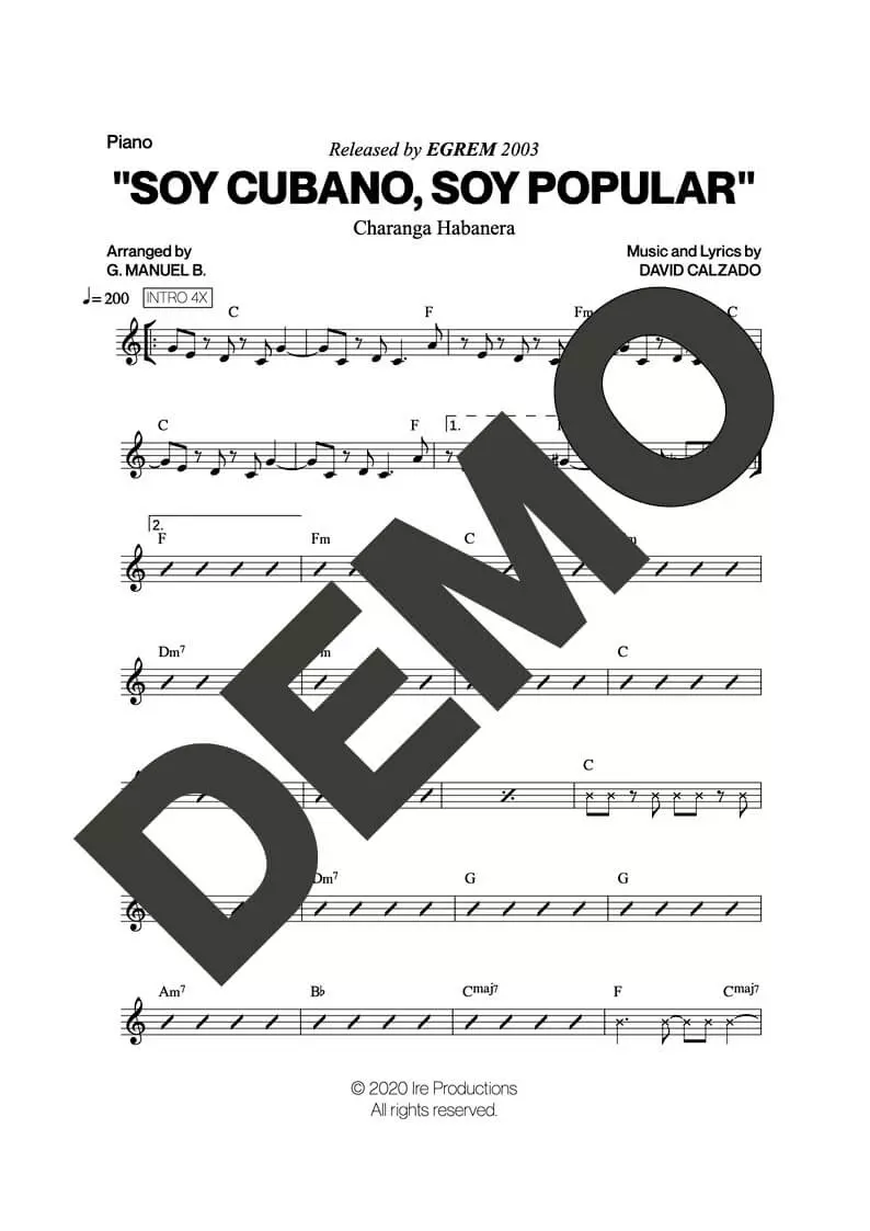 Charanga Habanera – Soy Cubano, Soy Popular – Sheet Music Demo Page 3 (PDF) – Includes charts for Trumpets, Trombones, Saxophone, Piano and Bass