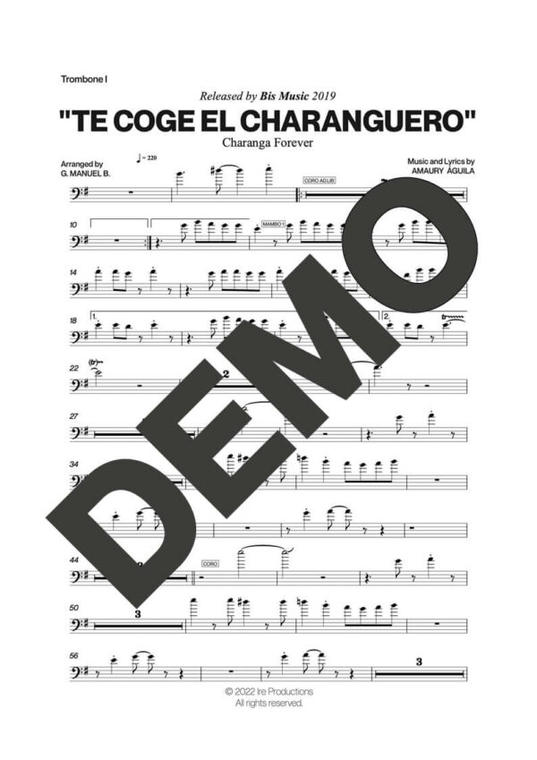 Charanga Forever – Te Coge el Charanguero – Sheet Music Demo Page 2 (PDF) – Includes charts for Trumpets, Trombones, Saxophone, Piano and Bass