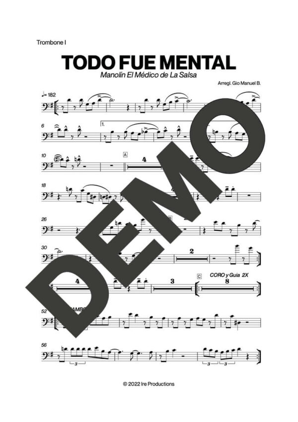 Manolín El Médico de la Salsa – Todo Fue Mental – Sheet Music Demo Page 2 (PDF) – Includes charts for Trumpets, Trombones, Saxophone, Piano and Bass