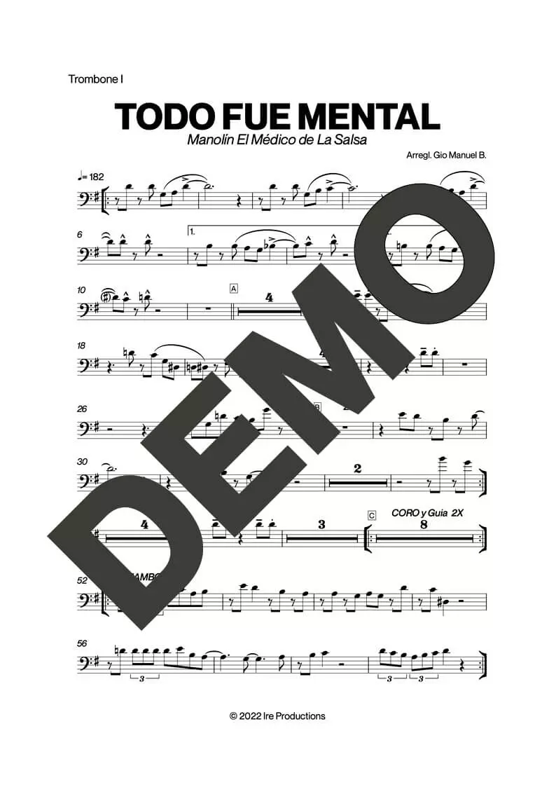 Manolín El Médico de la Salsa – Todo Fue Mental – Sheet Music Demo Page 2 (PDF) – Includes charts for Trumpets, Trombones, Saxophone, Piano and Bass