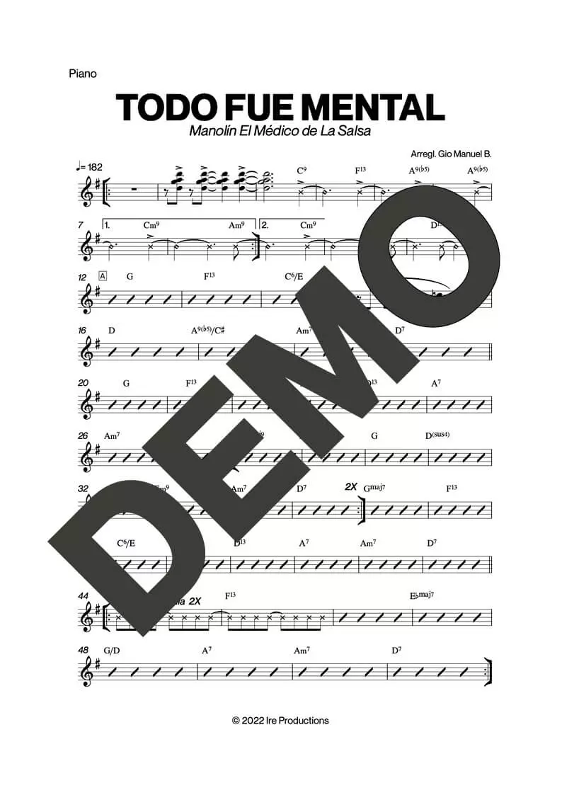 Manolín El Médico de la Salsa – Todo Fue Mental – Sheet Music Demo Page 3 (PDF) – Includes charts for Trumpets, Trombones, Saxophone, Piano and Bass