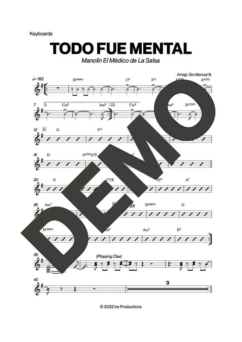 Manolín El Médico de la Salsa – Todo Fue Mental – Sheet Music Demo Page 4 (PDF) – Includes charts for Trumpets, Trombones, Saxophone, Piano and Bass