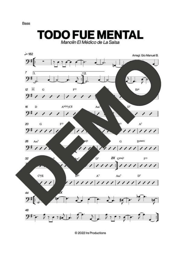 Manolín El Médico de la Salsa – Todo Fue Mental – Sheet Music Demo Page 5 (PDF) – Includes charts for Trumpets, Trombones, Saxophone, Piano and Bass