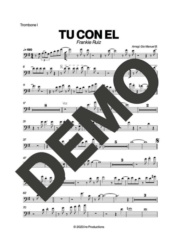 Frankie Ruiz – Tú Con Él – Sheet Music Demo Page 1 (PDF) – Includes charts for Trumpets, Trombones, Saxophone, Piano and Bass