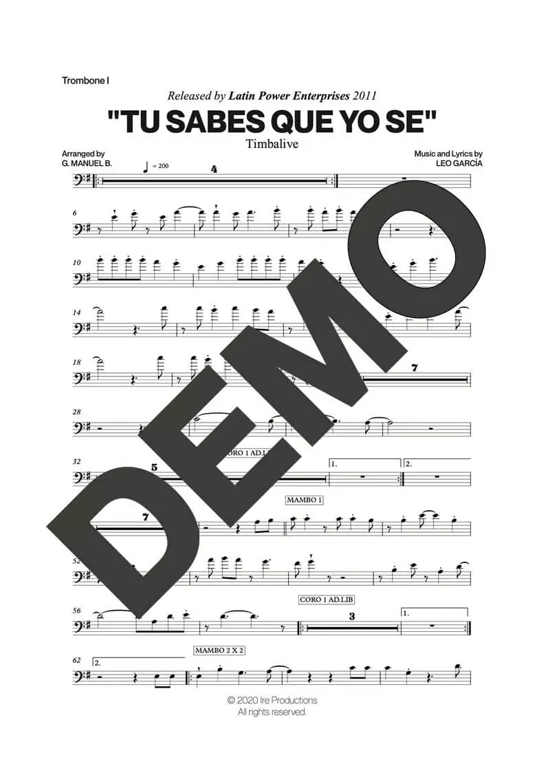 Timbalive – Tu Sabes Que Yo Se – Sheet Music Demo Page 2 (PDF) – Includes charts for Trumpets, Trombones, Saxophone, Piano and Bass