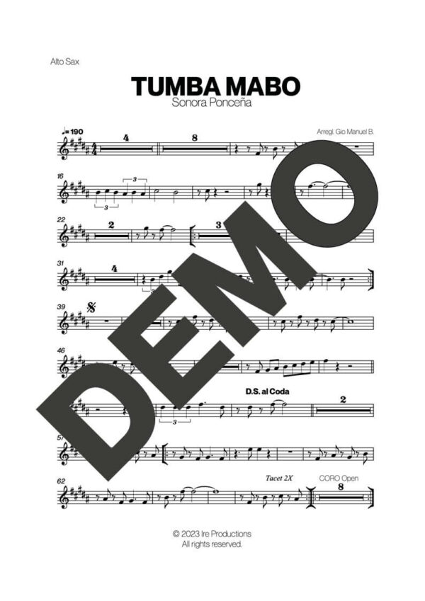 Sonora Ponceña – Tumba Mabo – First Page of Sheet Music Preview (PDF) – Includes charts for Trumpets, Trombones, Saxophone, Piano and Bass