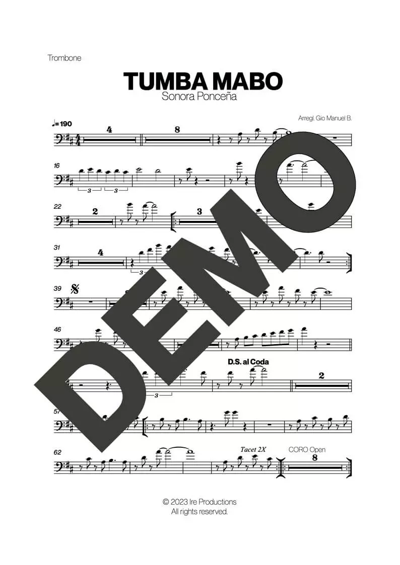Sonora Ponceña – Tumba Mabo – Sheet Music Demo Page 2 (PDF) – Includes charts for Trumpets, Trombones, Saxophone, Piano and Bass