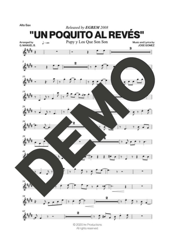 Pupy y Los Que Son Son – Un Poquito al Revés – First Page of Sheet Music Preview (PDF) – Includes charts for Trumpets, Trombones, Saxophone, Piano and Bass
