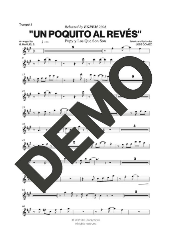 Pupy y Los Que Son Son – Un Poquito al Revés – Sheet Music Demo Page 1 (PDF) – Includes charts for Trumpets, Trombones, Saxophone, Piano and Bass