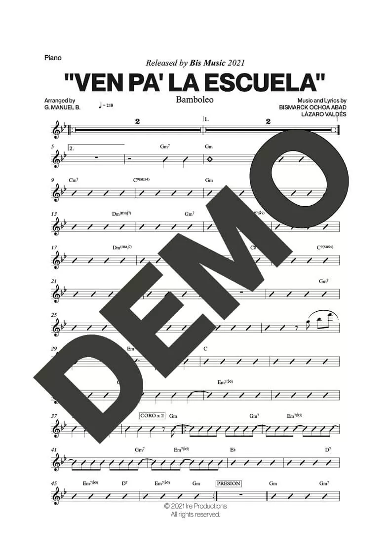 Bamboleo – Ven Pa' la Escuela – Sheet Music Demo Page 3 (PDF) – Includes charts for Trumpets, Trombones, Saxophone, Piano and Bass
