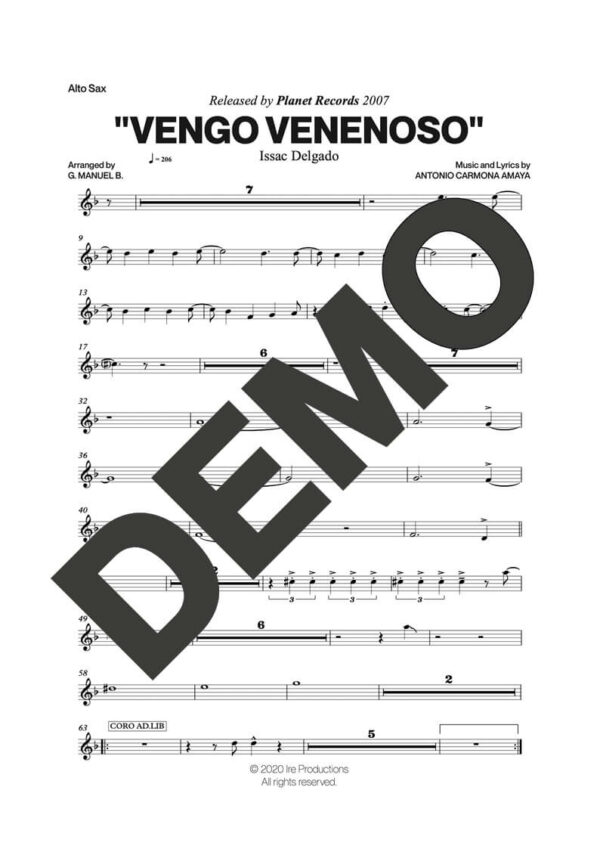 Issac Delgado – Vengo Venenoso – First Page of Sheet Music Preview (PDF) – Includes charts for Trumpets, Trombones, Saxophone, Piano and Bass