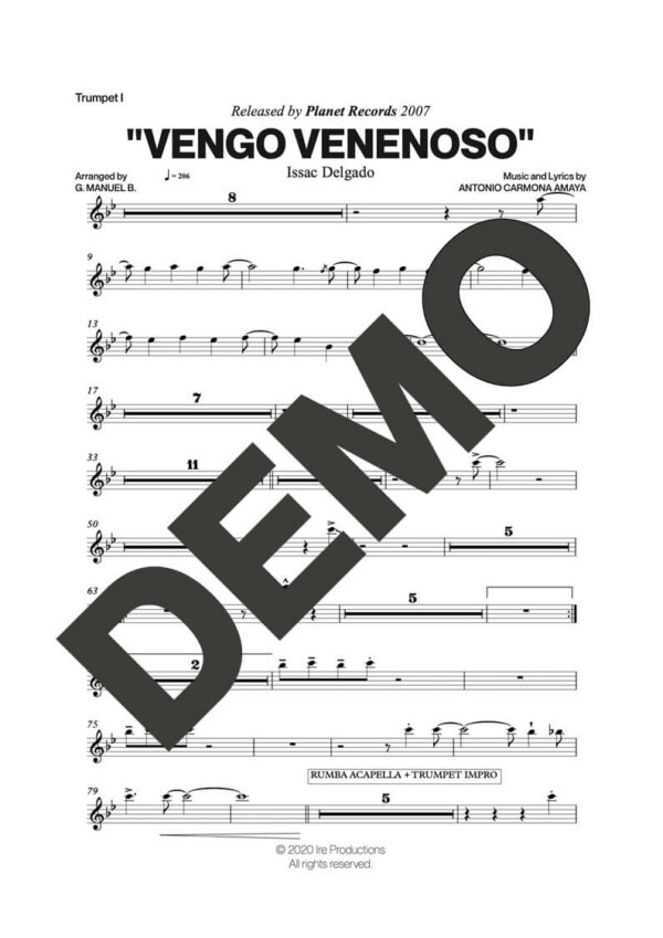 Issac Delgado – Vengo Venenoso – Sheet Music Demo Page 1 (PDF) – Includes charts for Trumpets, Trombones, Saxophone, Piano and Bass