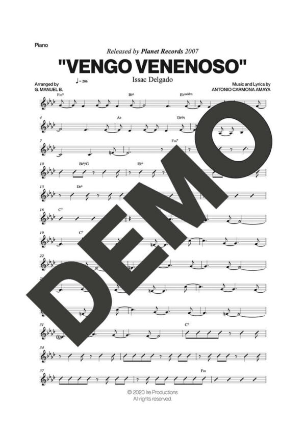 Issac Delgado – Vengo Venenoso – Sheet Music Demo Page 3 (PDF) – Includes charts for Trumpets, Trombones, Saxophone, Piano and Bass