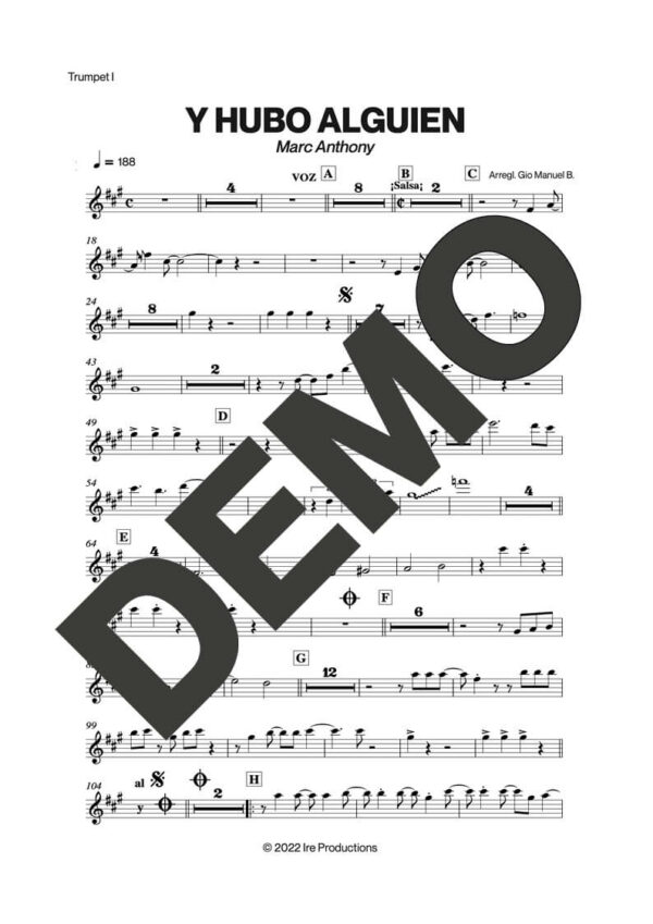 Marc Anthony – Y Hubo Alguien – Sheet Music Demo Page 1 (PDF) – Includes charts for Trumpets, Trombones, Saxophone, Piano and Bass