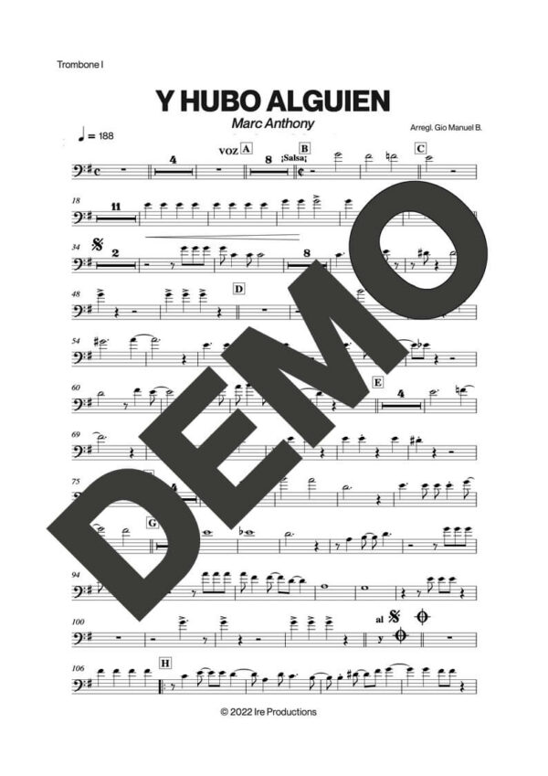 Marc Anthony – Y Hubo Alguien – Sheet Music Demo Page 2 (PDF) – Includes charts for Trumpets, Trombones, Saxophone, Piano and Bass