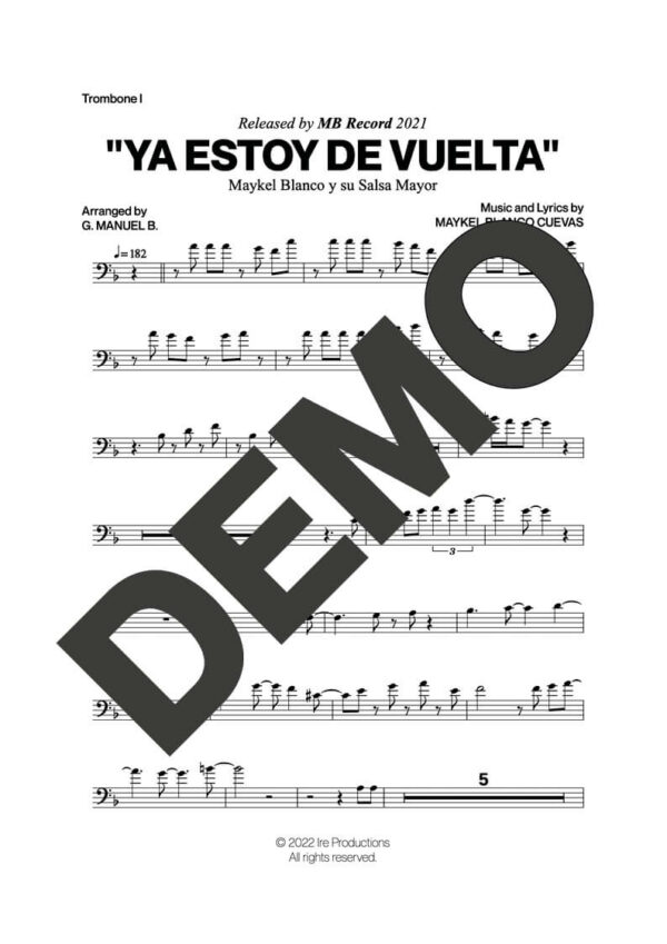 Maykel Blanco y su Salsa Mayor – Ya Estoy de Vuelta – Sheet Music Demo Page 1 (PDF) – Includes charts for Trumpets, Trombones, Saxophone, Piano and Bass