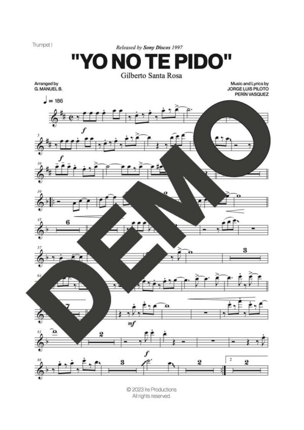 Gilberto Santa Rosa – Yo No Te Pido – Sheet Music Demo Page 2 (PDF) – Includes charts for Trumpets, Trombones, Saxophone, Piano and Bass
