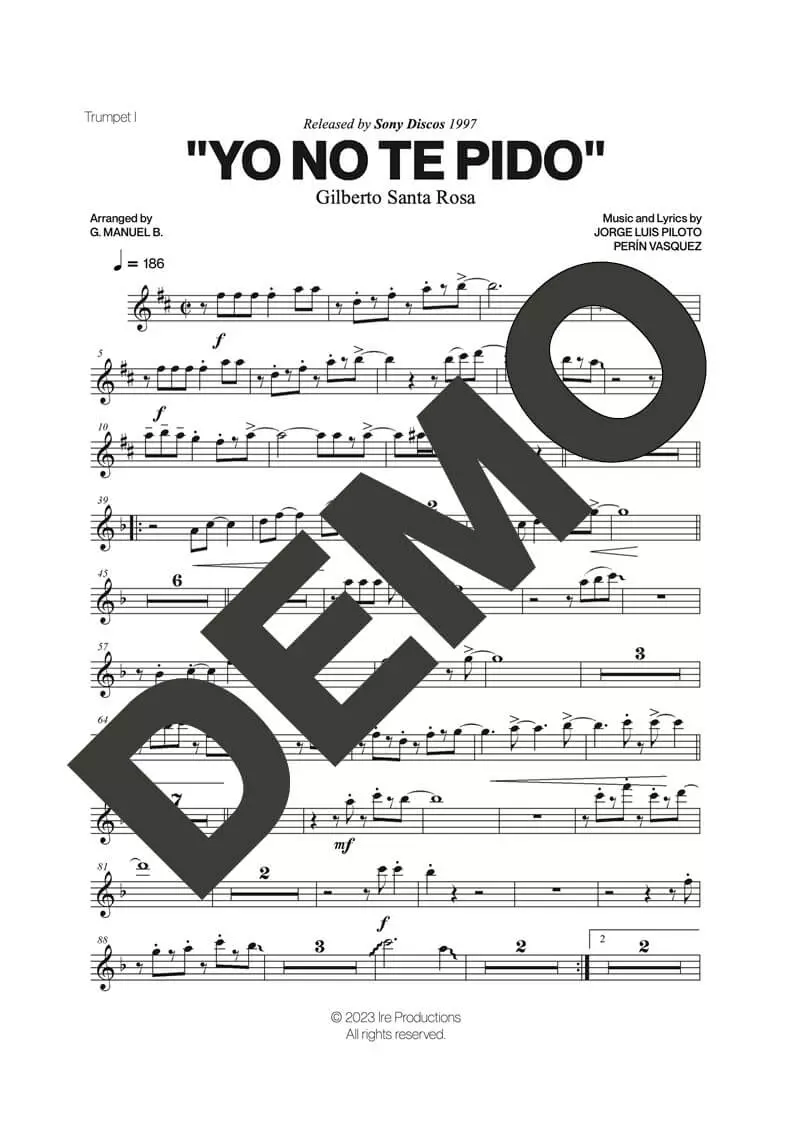 Gilberto Santa Rosa – Yo No Te Pido – Sheet Music Demo Page 2 (PDF) – Includes charts for Trumpets, Trombones, Saxophone, Piano and Bass