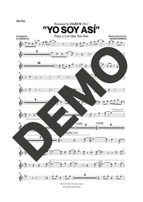 Pupy y Los Que Son Son – Yo Soy Así – First Page of Sheet Music Preview (PDF) – Includes charts for Trumpets, Trombones, Saxophone, Piano and Bass
