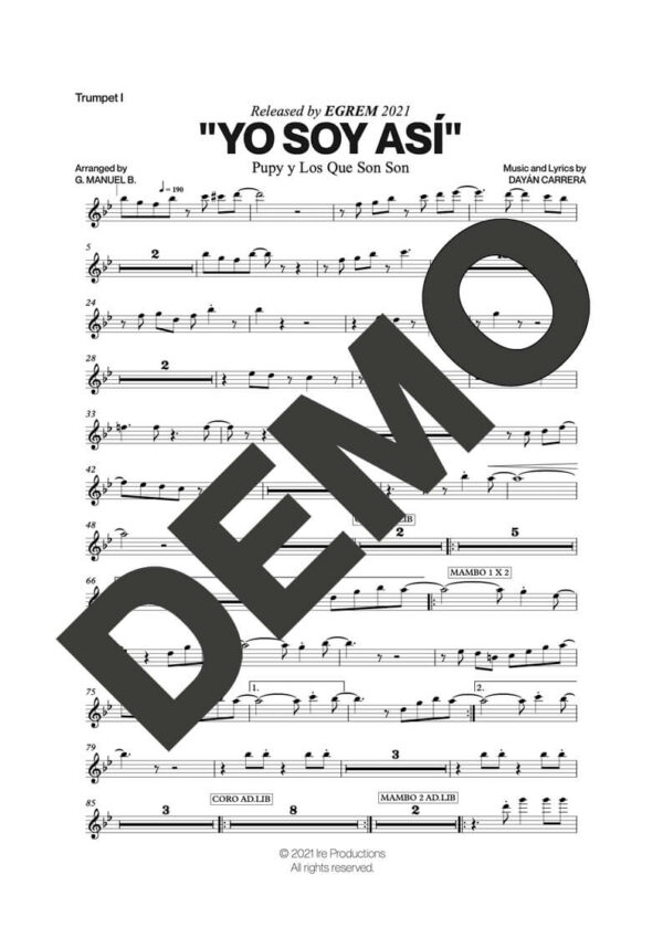 Pupy y Los Que Son Son – Yo Soy Así – Sheet Music Demo Page 1 (PDF) – Includes charts for Trumpets, Trombones, Saxophone, Piano and Bass