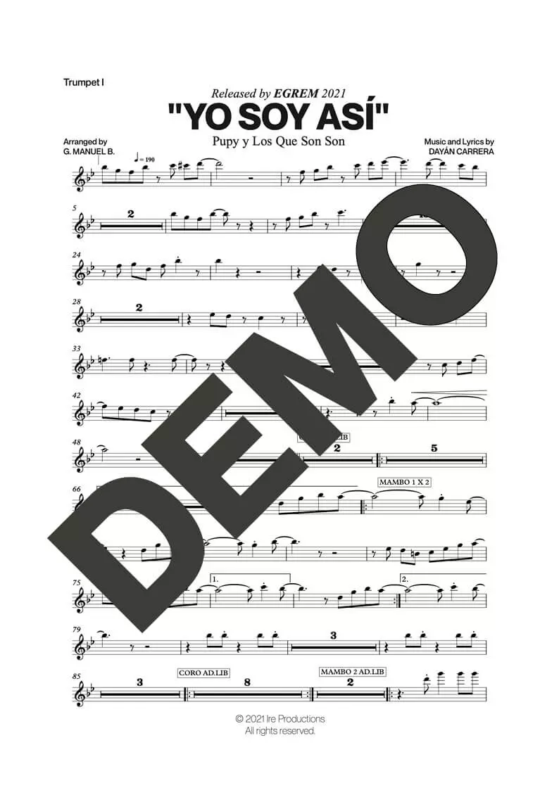 Pupy y Los Que Son Son – Yo Soy Así – Sheet Music Demo Page 1 (PDF) – Includes charts for Trumpets, Trombones, Saxophone, Piano and Bass