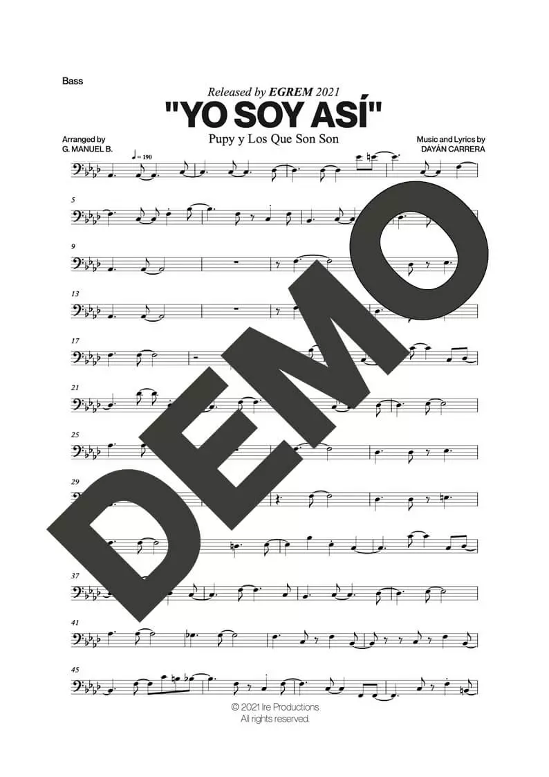 Pupy y Los Que Son Son – Yo Soy Así – Sheet Music Demo Page 4 (PDF) – Includes charts for Trumpets, Trombones, Saxophone, Piano and Bass